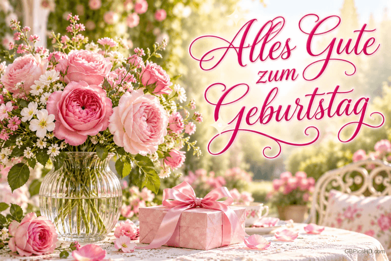 Rosa Rosen in einer Glasvase und ein rosa Geschenk auf einem Gartentisch mit "Alles Gute zum Geburtstag".