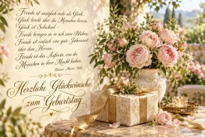 Eine große rosa Rose vor einem aufgeschlagenen Buch mit einem Rilke-Gedicht und "Herzliche Glückwünsche zum Geburtstag".