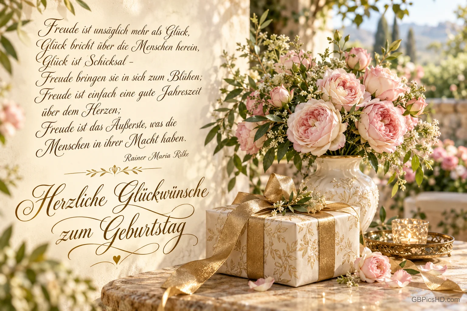 Eine große rosa Rose vor einem aufgeschlagenen Buch mit einem Rilke-Gedicht und "Herzliche Glückwünsche zum Geburtstag".