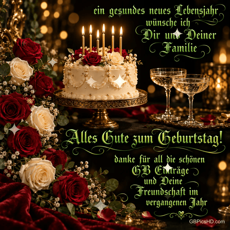 Rote und weiße Rosen, eine Torte mit Kerzen und zwei Sektgläser auf einer goldenen Festtafel begleiten "Alles Gute zum Geburtstag!".