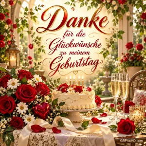 Rote Herzen, Blumen, ein Briefumschlag und Sektgläser mit "Danke für die Glückwünsche zu meinem Geburtstag".