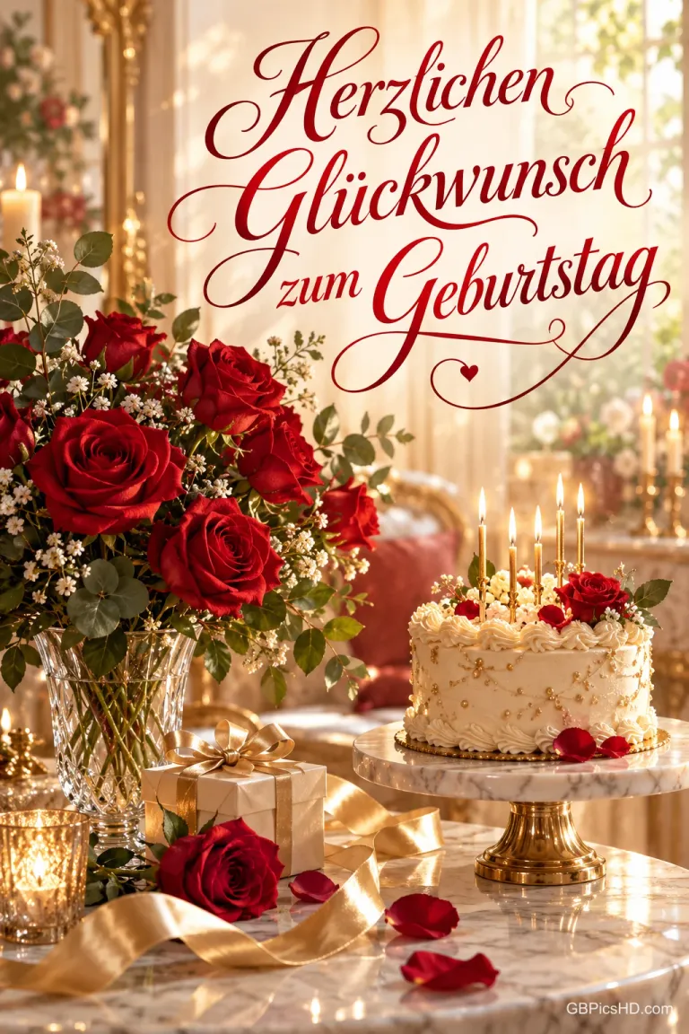 Rote Rosen, eine weiße Geburtstagstorte mit Kerzen und ein Geschenk mit "Herzlichen Glückwunsch zum Geburtstag".