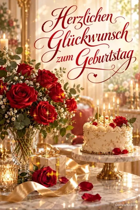Rote Rosen, eine weiße Geburtstagstorte mit Kerzen und ein Geschenk mit "Herzlichen Glückwunsch zum Geburtstag".