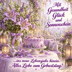 Lilien und lila Torte mit Kerzen, dazu "Mit Gesundheit Glück und Sonnenschein ...ins neue Lebensjahr hinein. Alles Liebe zum Geburtstag!".