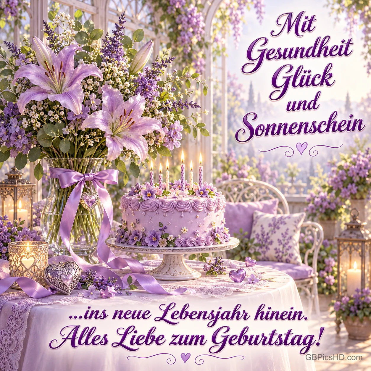 Lilien und lila Torte mit Kerzen, dazu "Mit Gesundheit Glück und Sonnenschein ...ins neue Lebensjahr hinein. Alles Liebe zum Geburtstag!".
