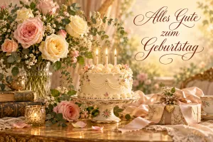 Eine Torte mit Kerzen, rosa und cremefarbene Rosen und ein Geschenk auf einer sonnigen Festtafel begleiten "Alles Gute zum Geburtstag".