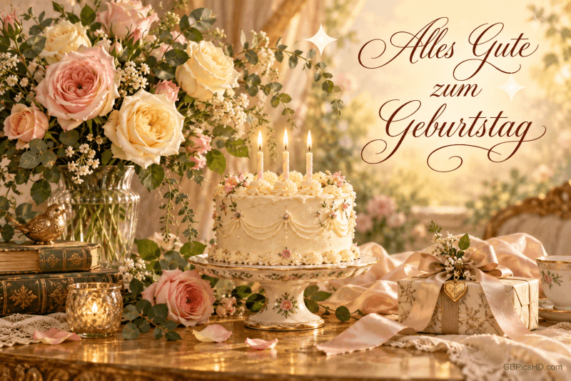 Eine Torte mit Kerzen, rosa und cremefarbene Rosen und ein Geschenk auf einer sonnigen Festtafel begleiten "Alles Gute zum Geburtstag".