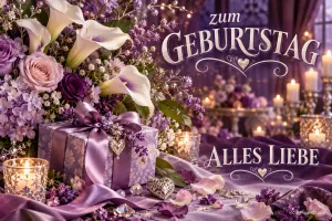 Weiße Callas und rosa und lila Blüten in einer Vase vor violettem Hintergrund mit Glitzerrahmen und "Zum Geburtstag alles Liebe".