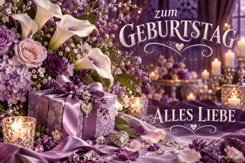 Weiße Callas und rosa und lila Blüten in einer Vase vor violettem Hintergrund mit Glitzerrahmen und "Zum Geburtstag alles Liebe".