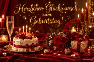 Torte, rote Rosen und Kerzen schmücken einen roten Festtisch mit dem goldenen Gruß "Herzlichen Glückwunsch zum Geburtstag!".