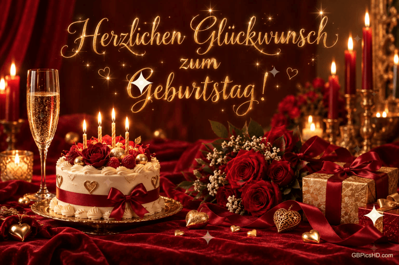 Torte, rote Rosen und Kerzen schmücken einen roten Festtisch mit dem goldenen Gruß "Herzlichen Glückwunsch zum Geburtstag!". Torte, rote Rosen und Kerzen schmücken einen roten Festtisch mit dem goldenen Gruß "Herzlichen Glückwunsch zum Geburtstag!".