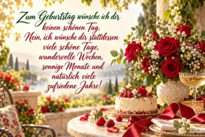Rote Rosen und eine Torte stehen auf einer sonnigen Terrasse neben "Zum Geburtstag wünsche ich dir keinen schönen Tag".