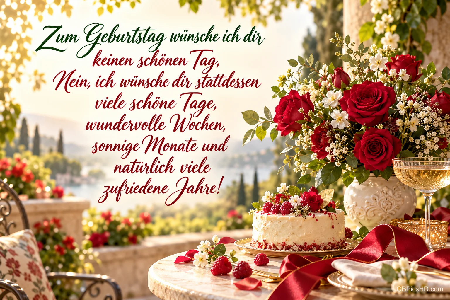 Rote Rosen und eine Torte stehen auf einer sonnigen Terrasse neben "Zum Geburtstag wünsche ich dir keinen schönen Tag". Rote Rosen und eine Torte stehen auf einer sonnigen Terrasse neben "Zum Geburtstag wünsche ich dir keinen schönen Tag".