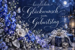 Ein silberner Schmetterling schmückt eine blau gerahmte Karte mit "Herzlichen Glückwunsch zum Geburtstag".