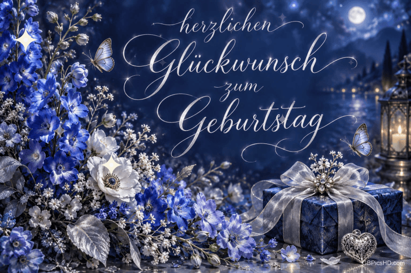 Ein silberner Schmetterling schmückt eine blau gerahmte Karte mit "Herzlichen Glückwunsch zum Geburtstag". Ein silberner Schmetterling schmückt eine blau gerahmte Karte mit "Herzlichen Glückwunsch zum Geburtstag".