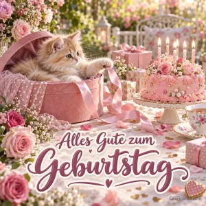 Ein Kätzchen sitzt in einer rosa Hutschachtel neben einer Torte mit brennenden Kerzen und "Alles Gute zum Geburtstag".