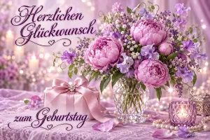 Lila Pfingstrosen in einer Kristallvase und ein Geschenk schmücken den Tisch mit "Herzlichen Glückwunsch zum Geburtstag".