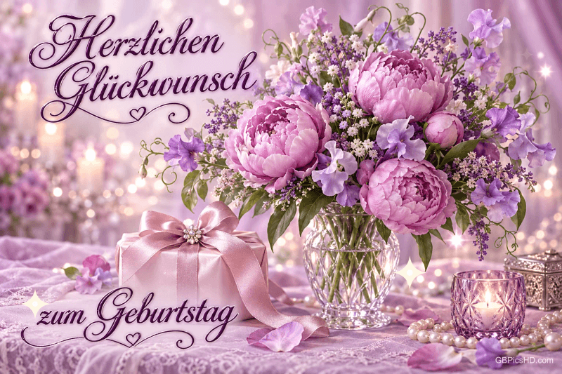 Lila Pfingstrosen in einer Kristallvase und ein Geschenk schmücken den Tisch mit "Herzlichen Glückwunsch zum Geburtstag". Lila Pfingstrosen in einer Kristallvase und ein Geschenk schmücken den Tisch mit "Herzlichen Glückwunsch zum Geburtstag".