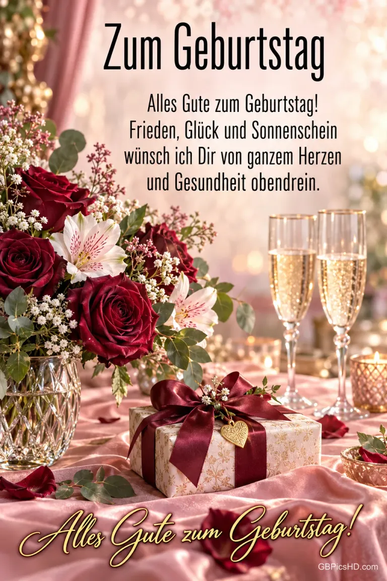Rote Rosen, zwei gefüllte Sektgläser und ein Geschenk mit roter Schleife stehen unter "Zum Geburtstag".