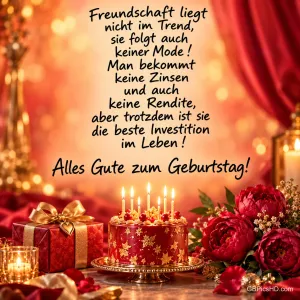 Eine rote Geburtstagstorte mit brennenden Kerzen steht neben Geschenken und roten Blumen unter "Alles Gute zum Geburtstag!".