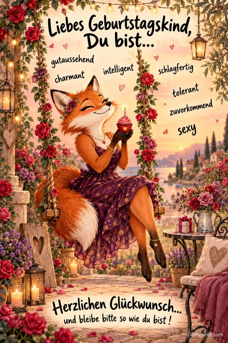 Eine Füchsin im violetten Kleid sitzt mit einem Cupcake auf einer blumengeschmückten Schaukel unter "Liebes Geburtstagskind, Du bist…".