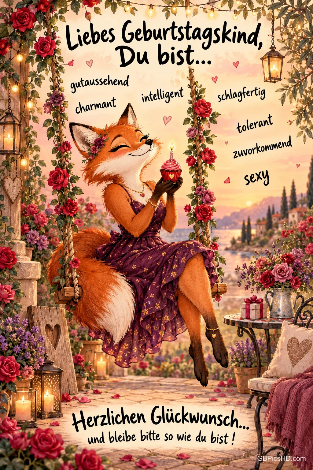 Eine Füchsin im violetten Kleid sitzt mit einem Cupcake auf einer blumengeschmückten Schaukel unter "Liebes Geburtstagskind, Du bist…".