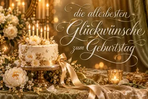 Eine weiße Torte mit Kerzen und Blüten steht auf einem goldenen Festtisch mit "die allerbesten Glückwünsche zum Geburtstag".