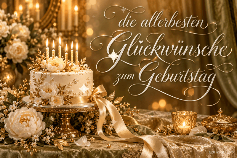 Eine weiße Torte mit Kerzen und Blüten steht auf einem goldenen Festtisch mit "die allerbesten Glückwünsche zum Geburtstag". Eine weiße Torte mit Kerzen und Blüten steht auf einem goldenen Festtisch mit "die allerbesten Glückwünsche zum Geburtstag".