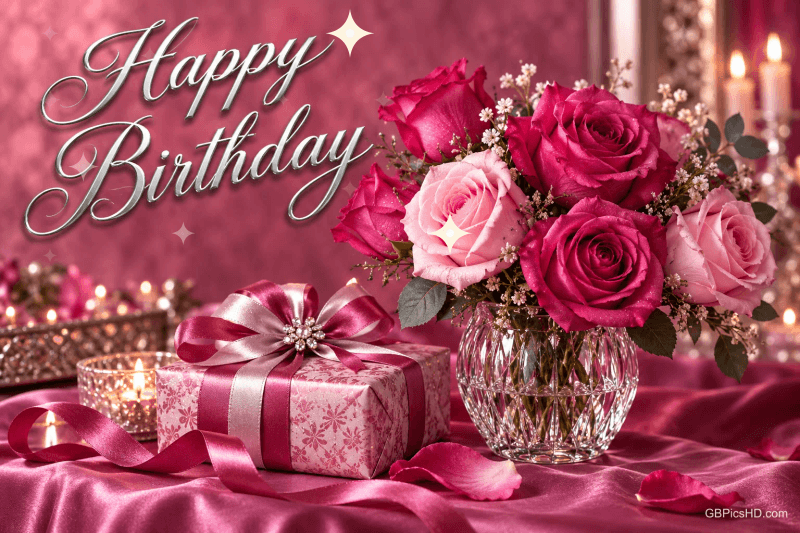 Pinke und rosa Rosen in einer Kristallvase stehen neben einem Geschenk auf rosa Satin mit dem Gruß "Happy Birthday".
