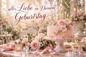 Eine rosa Blütentorte mit Kerzen und Rosen steht im hellen Festsaal auf einem Marmortisch mit "alles Liebe zu Deinem Geburtstag".