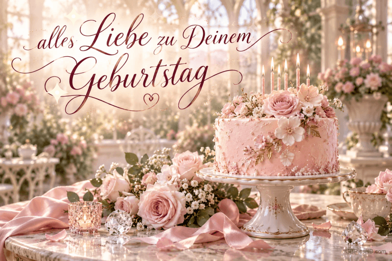 Eine rosa Blütentorte mit Kerzen und Rosen steht im hellen Festsaal auf einem Marmortisch mit "alles Liebe zu Deinem Geburtstag".