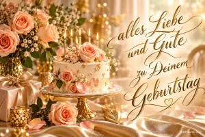 Eine Torte mit Kerzen und apricotfarbenen Rosen schmückt einen goldenen Festtisch mit "alles Liebe und Gute zu Deinem Geburtstag".