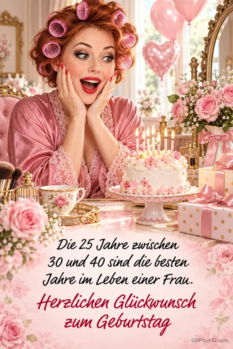 Eine überraschte Frau mit Lockenwicklern sitzt vor einer Geburtstagstorte mit "Herzlichen Glückwunsch zum Geburtstag".