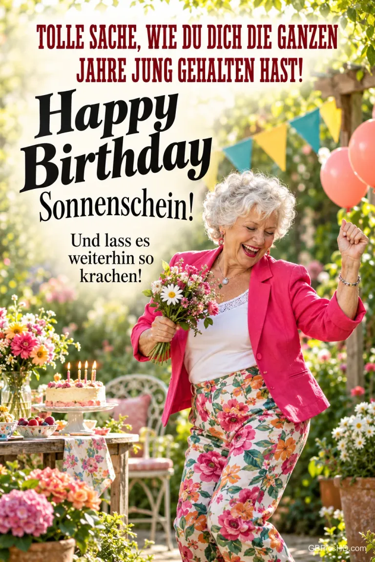 Eine lachende ältere Frau im pinken Blazer tanzt mit einem Blumenstrauß im Garten neben "Happy Birthday Sonnenschein!".