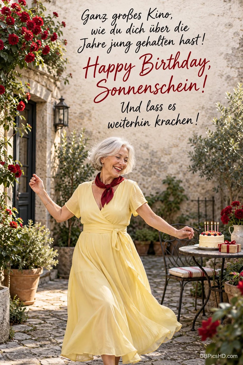Eine ältere Frau im gelben Kleid tanzt in einem blumengeschmückten Innenhof unter "Happy Birthday, Sonnenschein!".