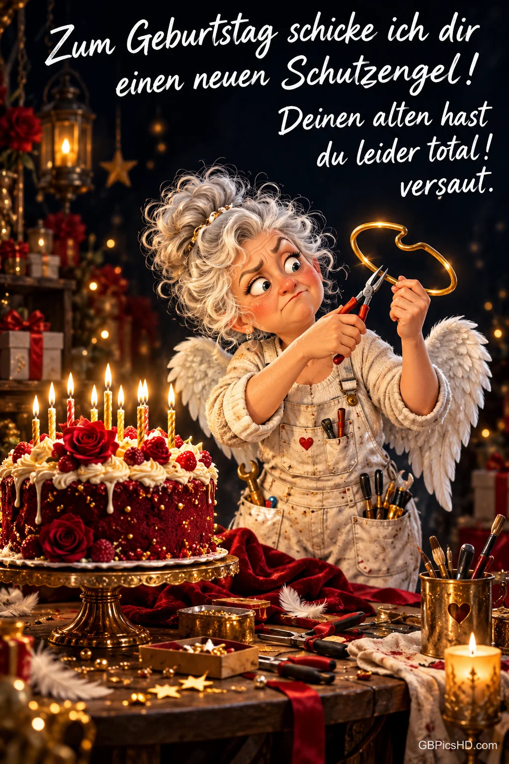 Ein grauhaariger Engel repariert mit einer Zange seinen Heiligenschein neben einer Torte unter "Deinen alten hast du leider total versaut!". Ein grauhaariger Engel repariert mit einer Zange seinen Heiligenschein neben einer Torte unter "Deinen alten hast du leider total versaut!".
