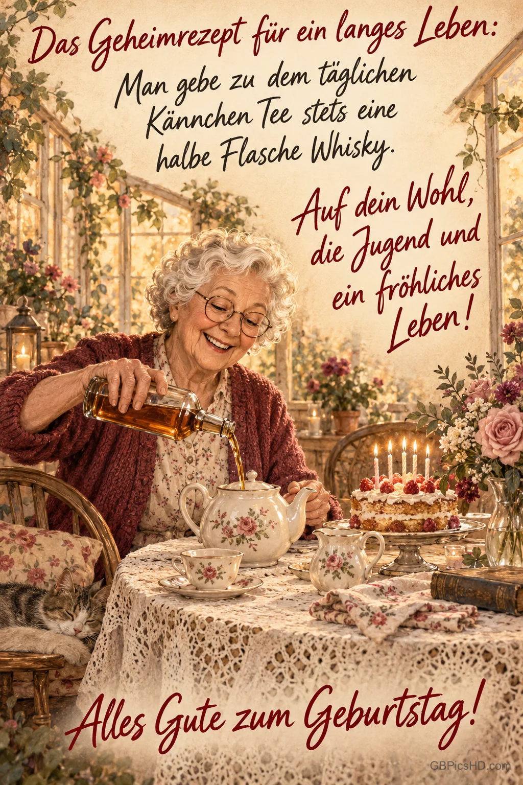 Eine ältere Frau gießt Whisky in eine Teekanne; daneben steht eine Torte mit Kerzen und "Alles Gute zum Geburtstag!". Eine ältere Frau gießt Whisky in eine Teekanne; daneben steht eine Torte mit Kerzen und "Alles Gute zum Geburtstag!".