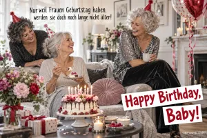 Drei Frauen feiern mit Partyhüten, Torte und Geschenken im Wohnzimmer; dazu steht "Happy Birthday, Baby!".