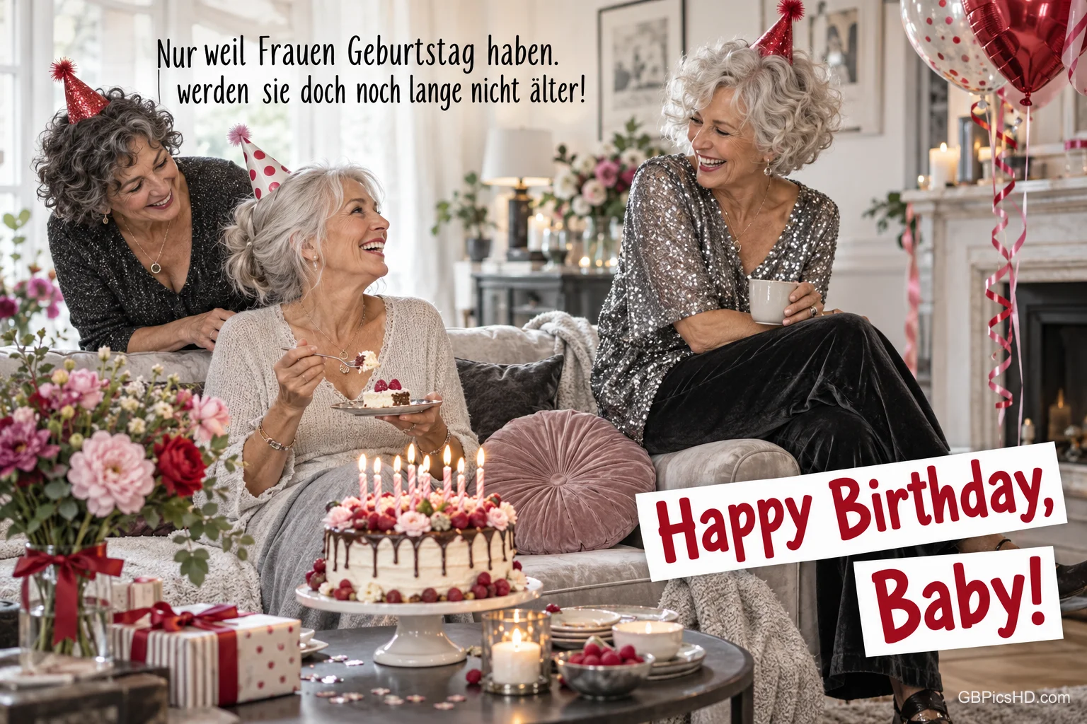 Drei Frauen feiern mit Partyhüten, Torte und Geschenken im Wohnzimmer; dazu steht "Happy Birthday, Baby!". Drei Frauen feiern mit Partyhüten, Torte und Geschenken im Wohnzimmer; dazu steht "Happy Birthday, Baby!".