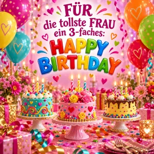 Drei bunte Geburtstagstorten mit Kerzen stehen zwischen Ballons, Blumen und Geschenken unter "Für die tollste Frau".