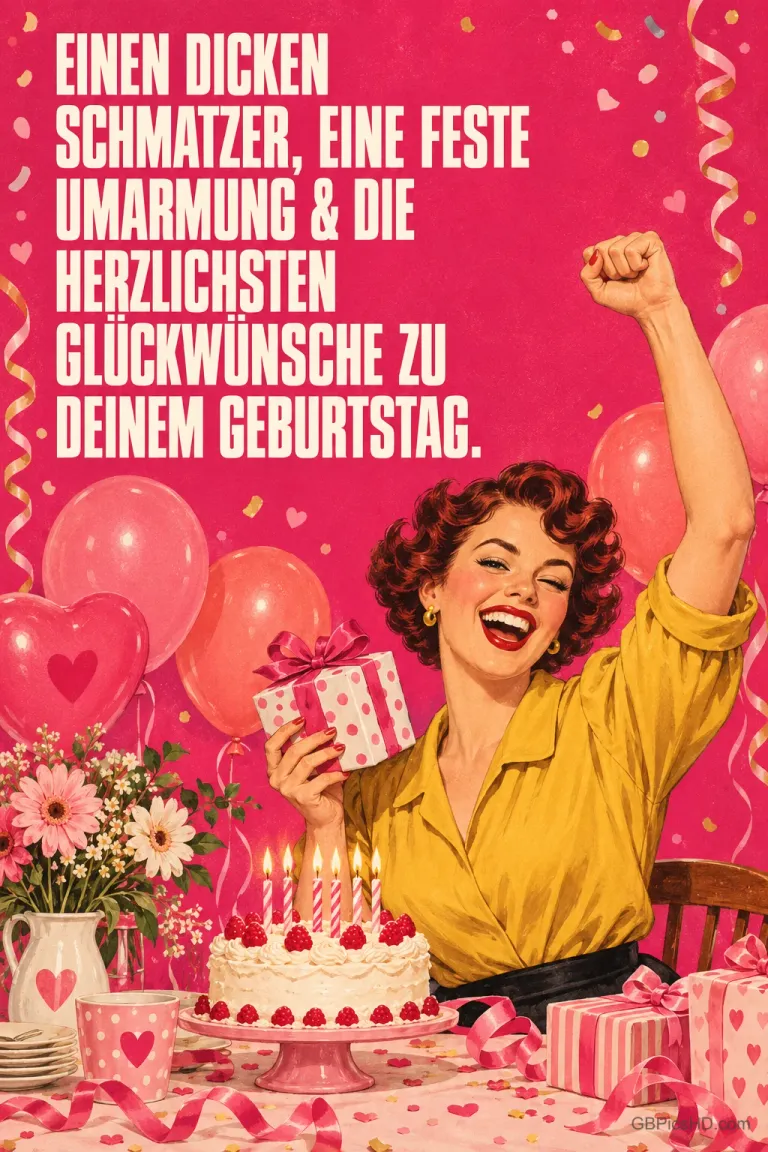 Eine lachende Frau im gelben Kleid hält ein Geschenk und hebt die Faust; neben ihr steht "Einen dicken Schmatzer".