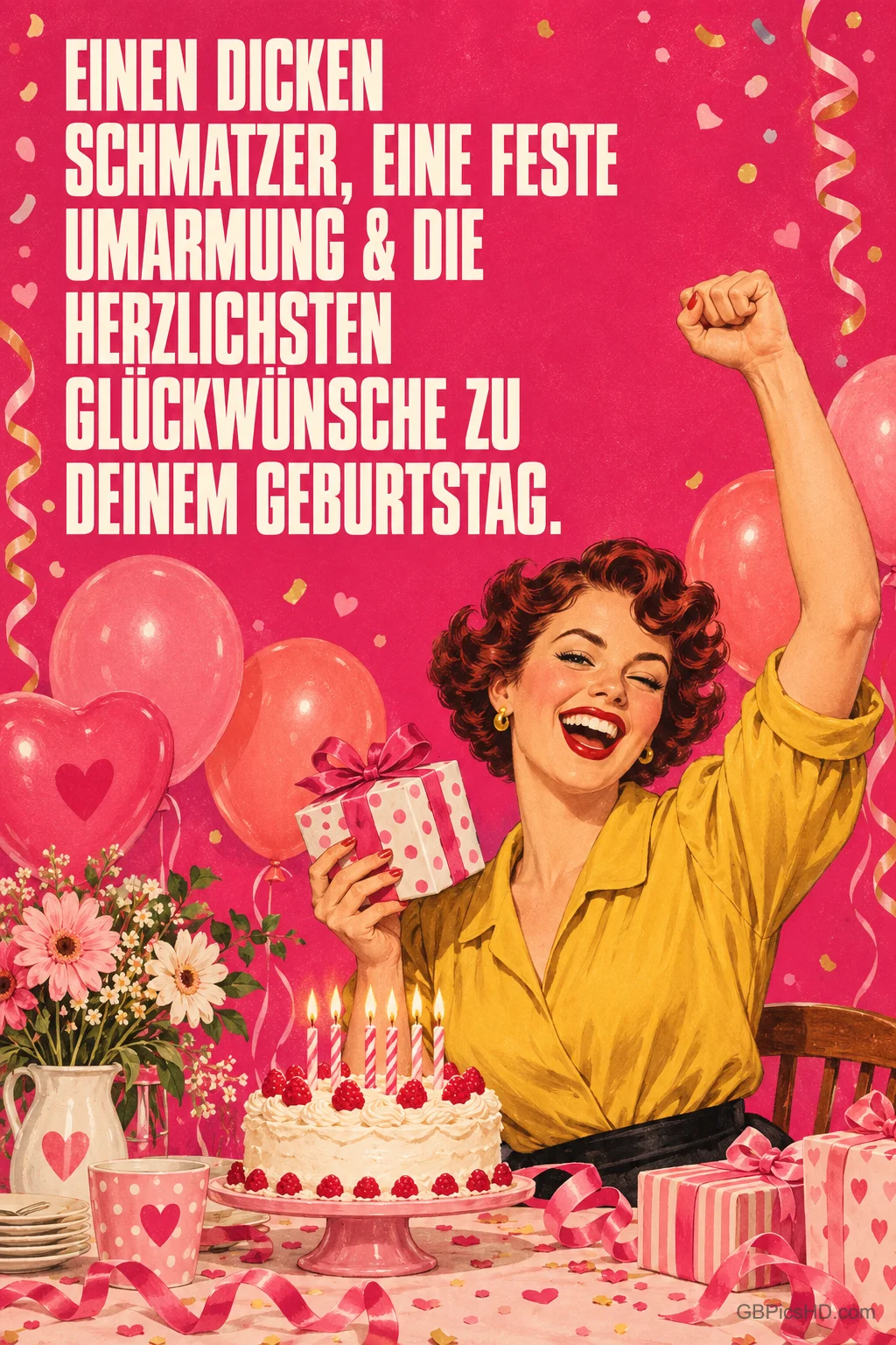 Eine lachende Frau im gelben Kleid hält ein Geschenk und hebt die Faust; neben ihr steht "Einen dicken Schmatzer". Eine lachende Frau im gelben Kleid hält ein Geschenk und hebt die Faust; neben ihr steht "Einen dicken Schmatzer".