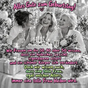 Drei Frauen lachen an einer Festtafel mit Torte und Sektgläsern; das Schwarz-Weiß-Foto trägt "Alles Gute zum Geburtstag!".