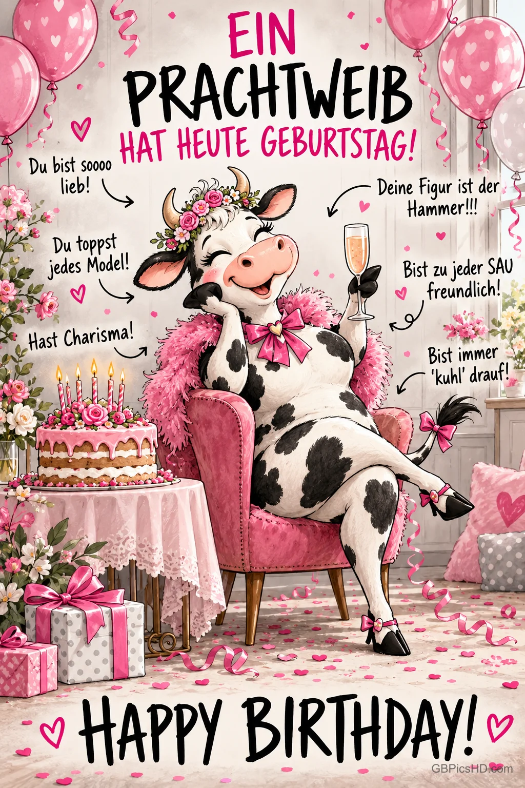 Eine Kuh mit Blumenkranz, Federboa und Sektglas sitzt neben einer Torte; oben steht "EIN PRACHTWEIB HAT HEUTE GEBURTSTAG!". Eine Kuh mit Blumenkranz, Federboa und Sektglas sitzt neben einer Torte; oben steht "EIN PRACHTWEIB HAT HEUTE GEBURTSTAG!".