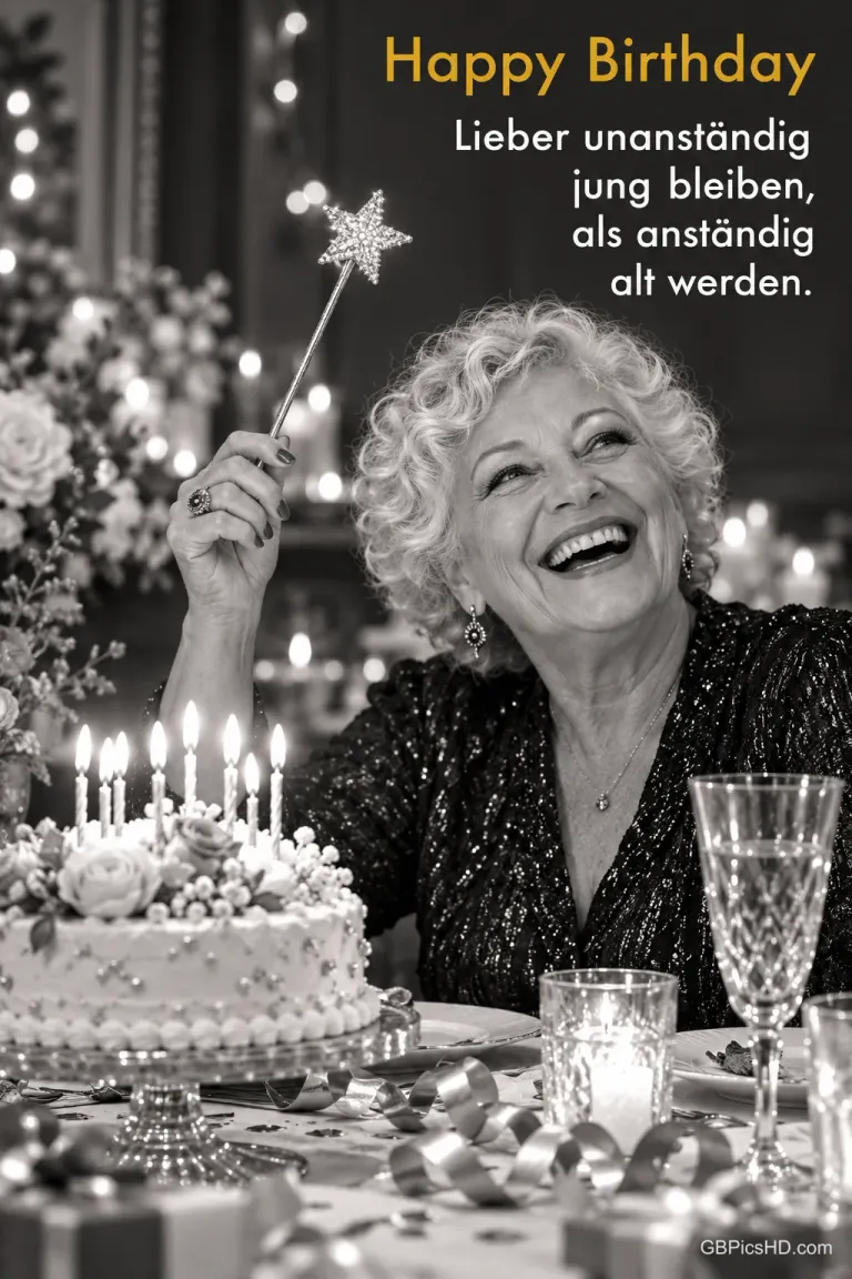 Eine ältere Frau hält lachend einen glitzernden Sternstab neben einer Torte mit Kerzen; darüber steht "Happy Birthday".