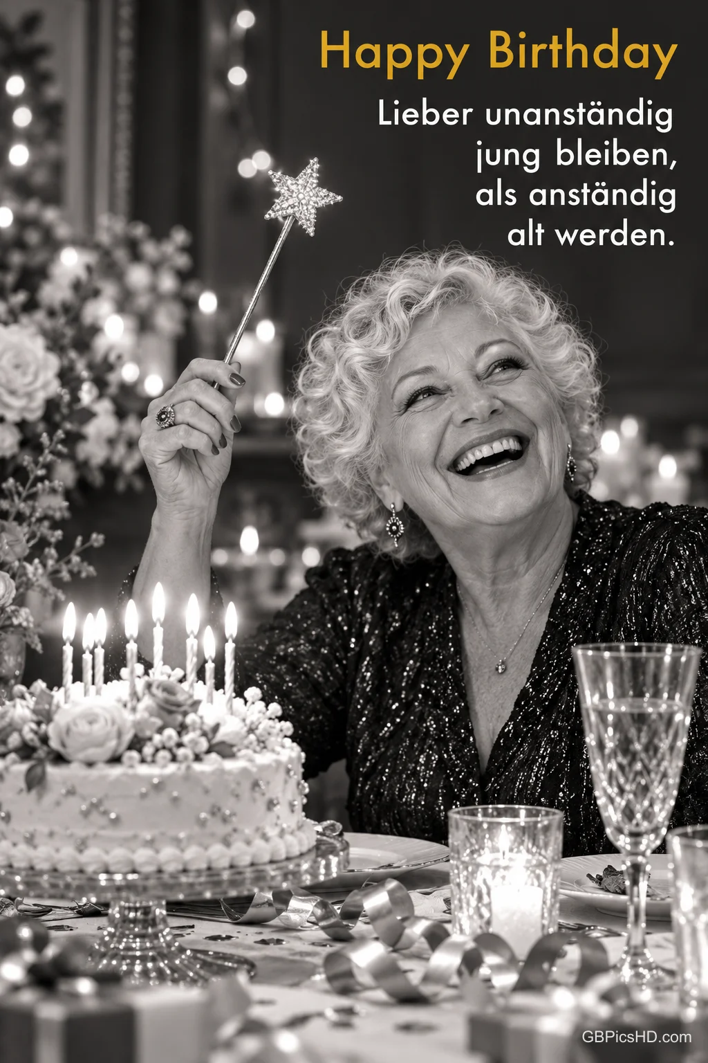 Eine ältere Frau hält lachend einen glitzernden Sternstab neben einer Torte mit Kerzen; darüber steht "Happy Birthday".