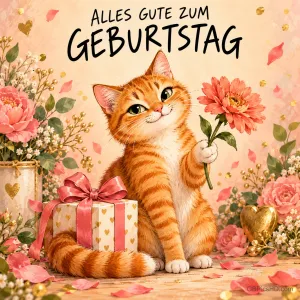 Eine gezeichnete orangefarbene Katze hält eine Blume neben einem Geschenk; darüber steht "Alles Gute zum Geburtstag".