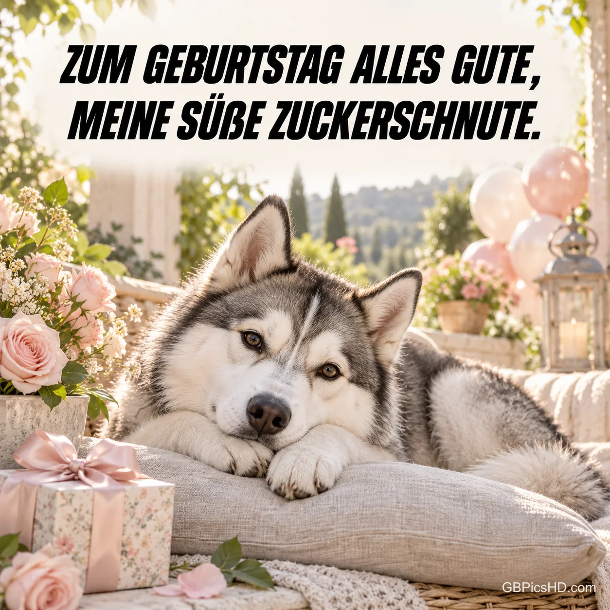 Ein Husky liegt auf einem Kissen zwischen Rosen und einem Geschenk; darüber steht "Zum Geburtstag alles Gute, meine süße Zuckerschnute.".