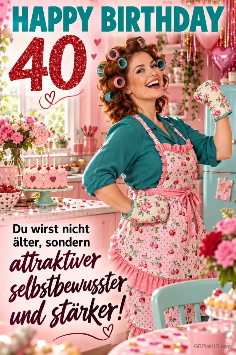 Eine lachende Frau mit Lockenwicklern steht neben einer Torte; darüber steht "HAPPY BIRTHDAY 40".