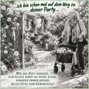 Eine ältere Frau schiebt einen Rollator mit Geschenk und Blumen durch einen Garten: "Alles Gute zum Geburtstag!".